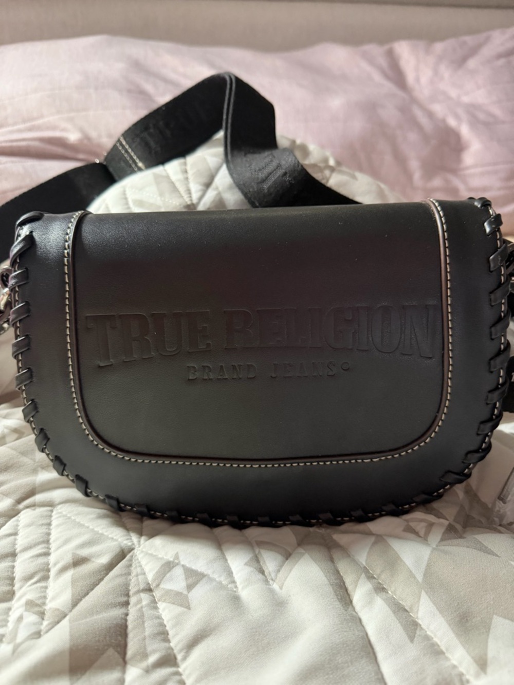 True Religion Black Leather Stitch Saddle Bag